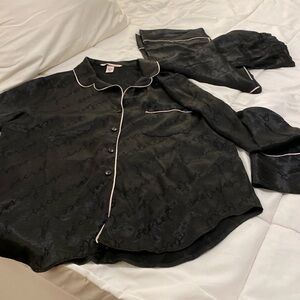 Victoria's Secret Black Satin Pajama Set with Pink Piping